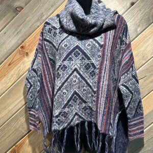Free People Boho Geometric Pattern Cowl Long Sleeve Fringe Hi-low Poncho Sweater